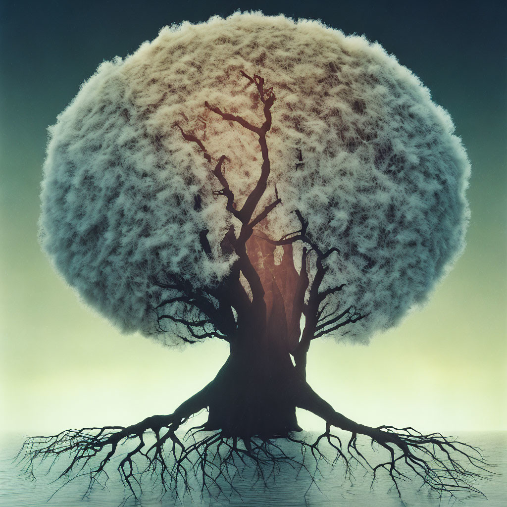 Surreal illustration: Expansive tree with dense canopy in moody setting