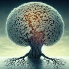 Surreal illustration: Expansive tree with dense canopy in moody setting