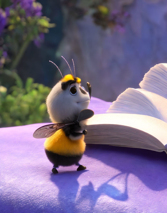 Animated bee with expressive eyes holding a book on purple flower in nature