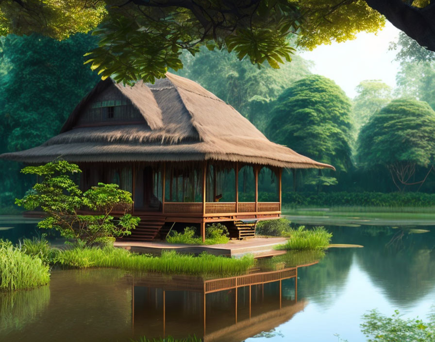 Traditional Thatched Hut Surrounded by Greenery Along Riverside