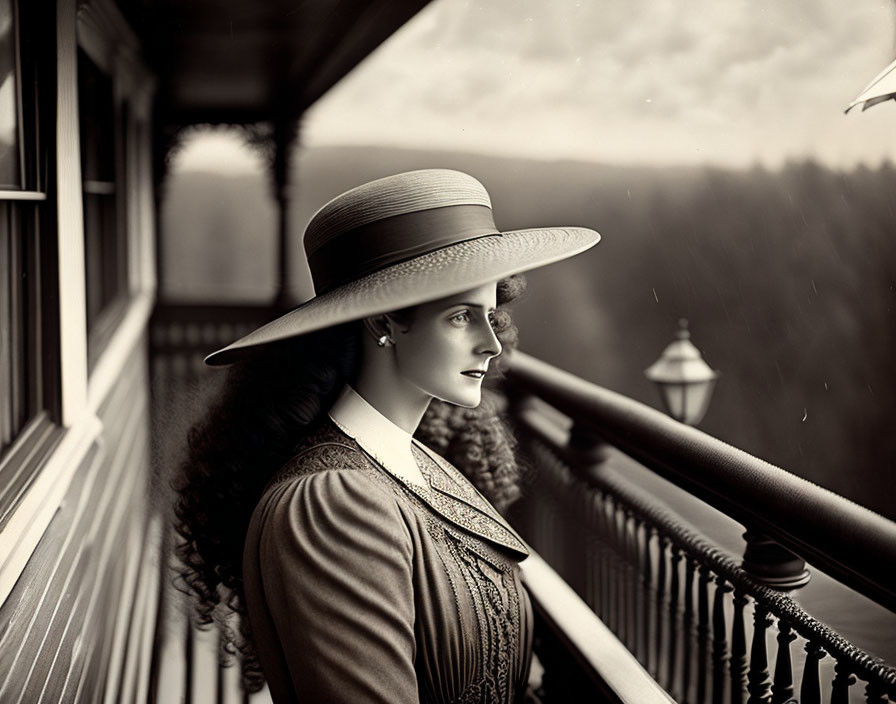 Vintage Attired Woman Standing by Balustrade in Sepia Tone