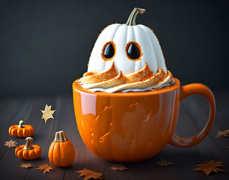 White Pumpkin with Facial Cutouts on Orange Mug Surrounded by Pumpkins and Autumn Leaves