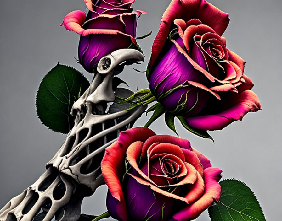 Skeleton hand holding three pink-tipped roses on muted background