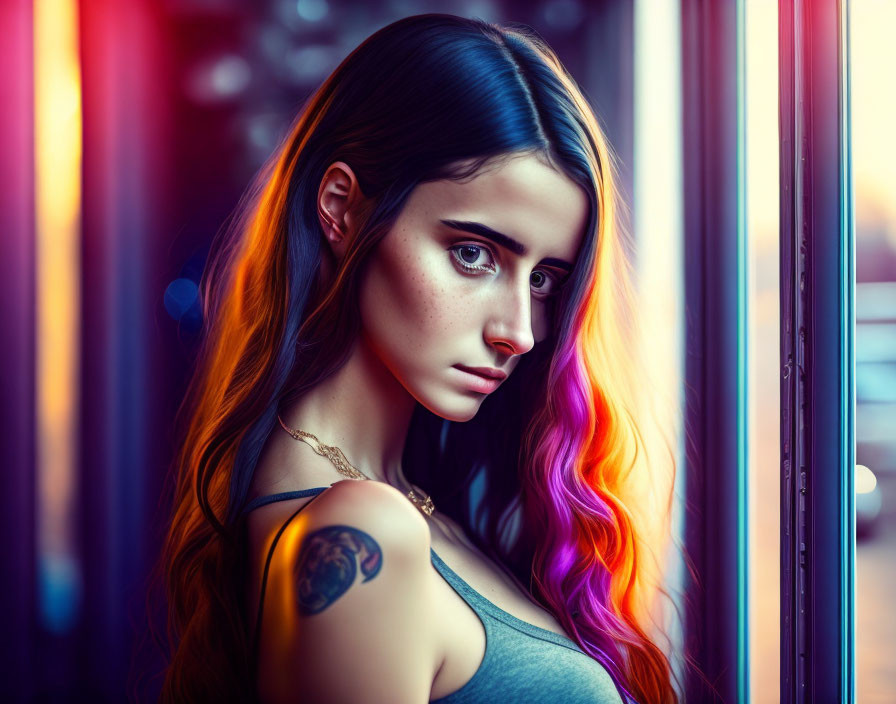 Colorful Ombre Hairstyle Woman with Shoulder Tattoo and Neon Lights