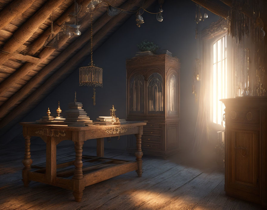 Sunlit Attic Room with Wooden Table and Tall Wardrobe