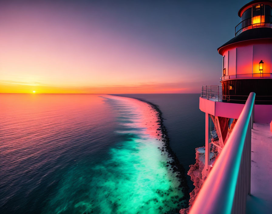 Colorful sunset over sea from lighthouse balcony