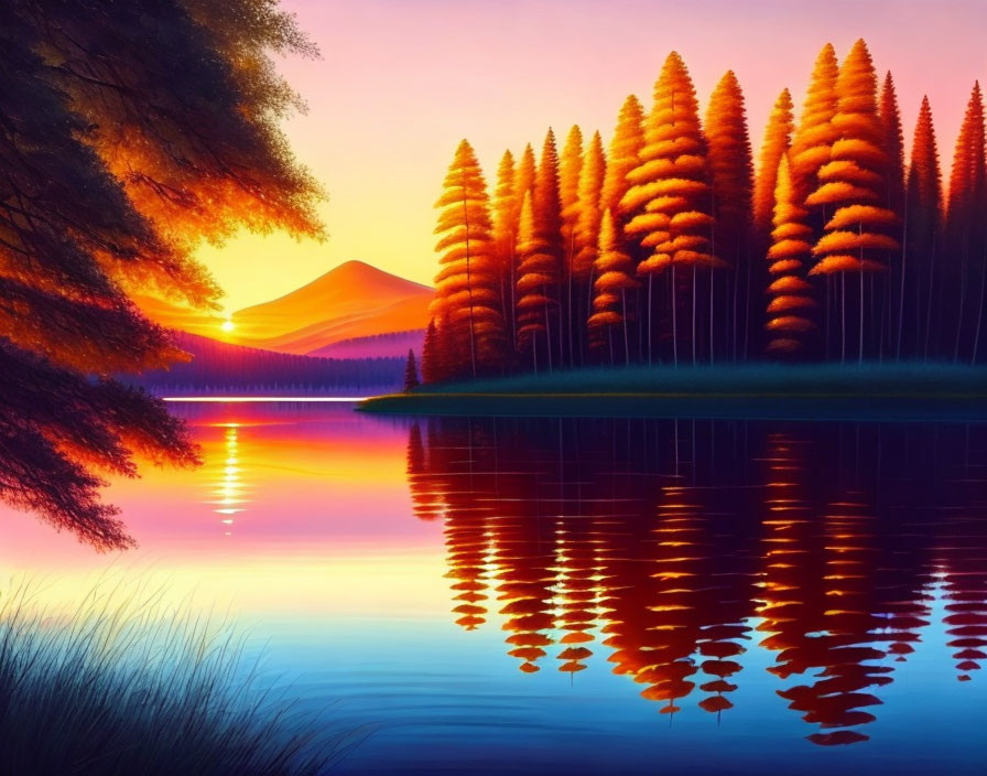 Tranquil lake at sunset with fiery trees and serene mountain