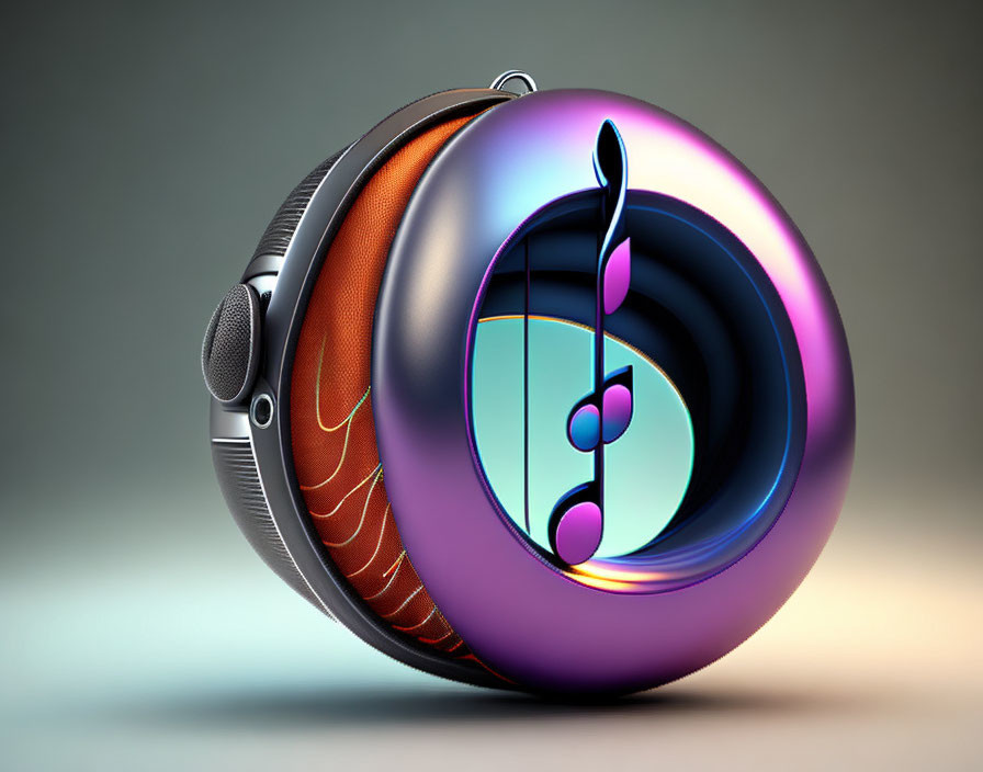 Colorful surreal headphone with circular iridescent body and floating treble clef symbol
