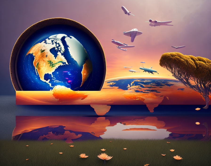 Surreal artwork: Earth emerges from melting portal with planes in purple sky & orange landscape.