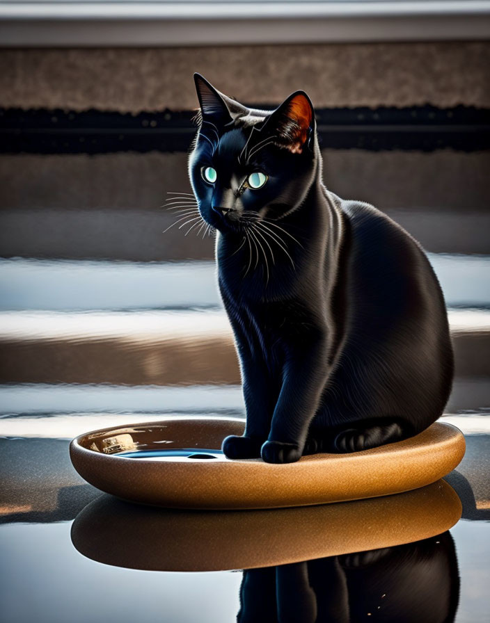 Black Cat with Blue Eyes on Golden Platform Against Striped Background