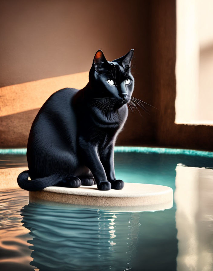 Black Cat with Striking Eyes by Tranquil Water at Sunset