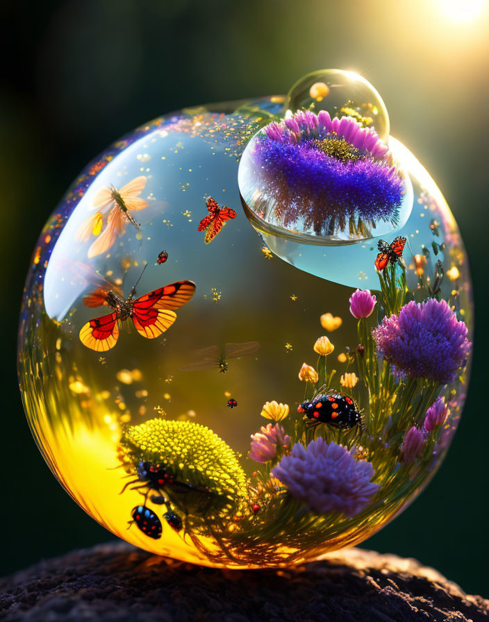 Digital artwork: Translucent bubble with lush landscape, flowers, insects, warm backlight