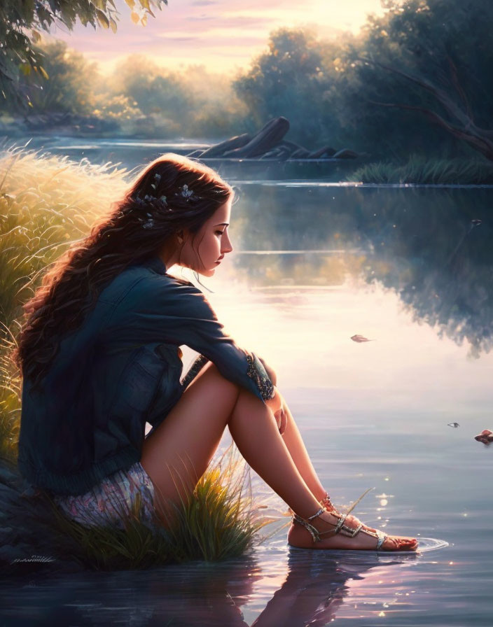 Woman Reflecting by Serene Lake at Sunset