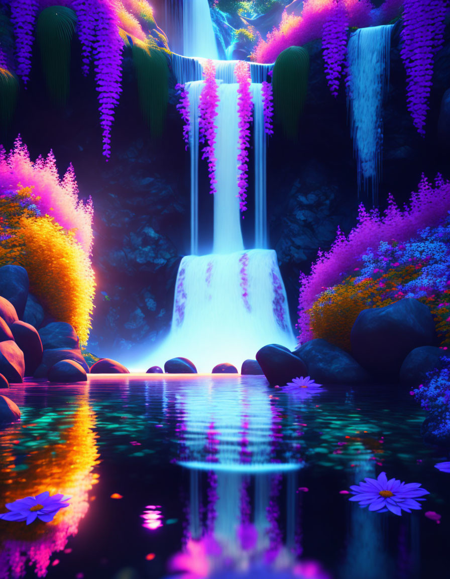 Fantastical waterfall with glowing purple and orange flora