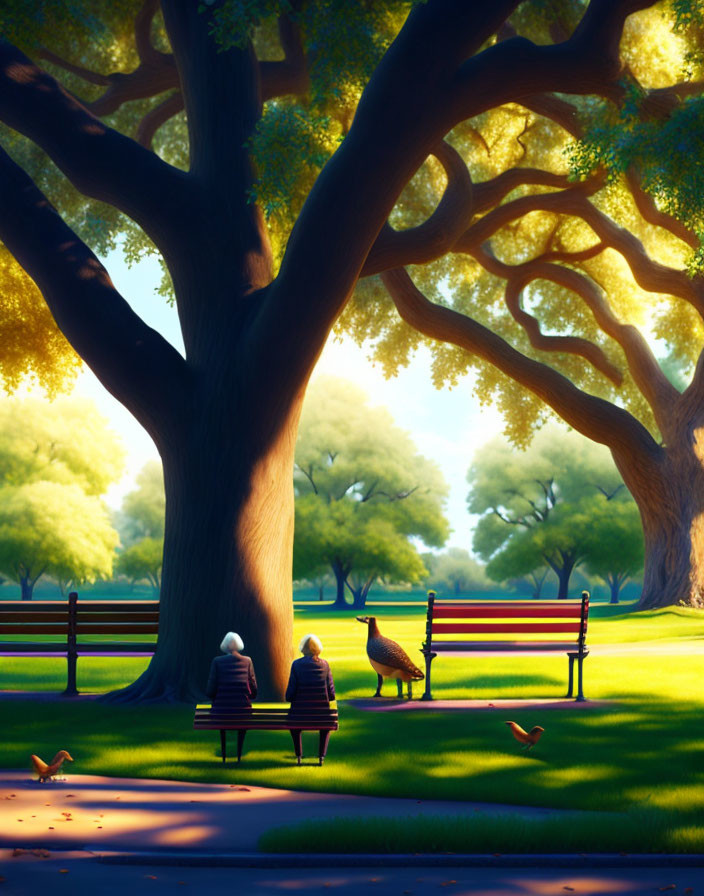 Elderly couple on park bench under tree with bird and scattered leaves