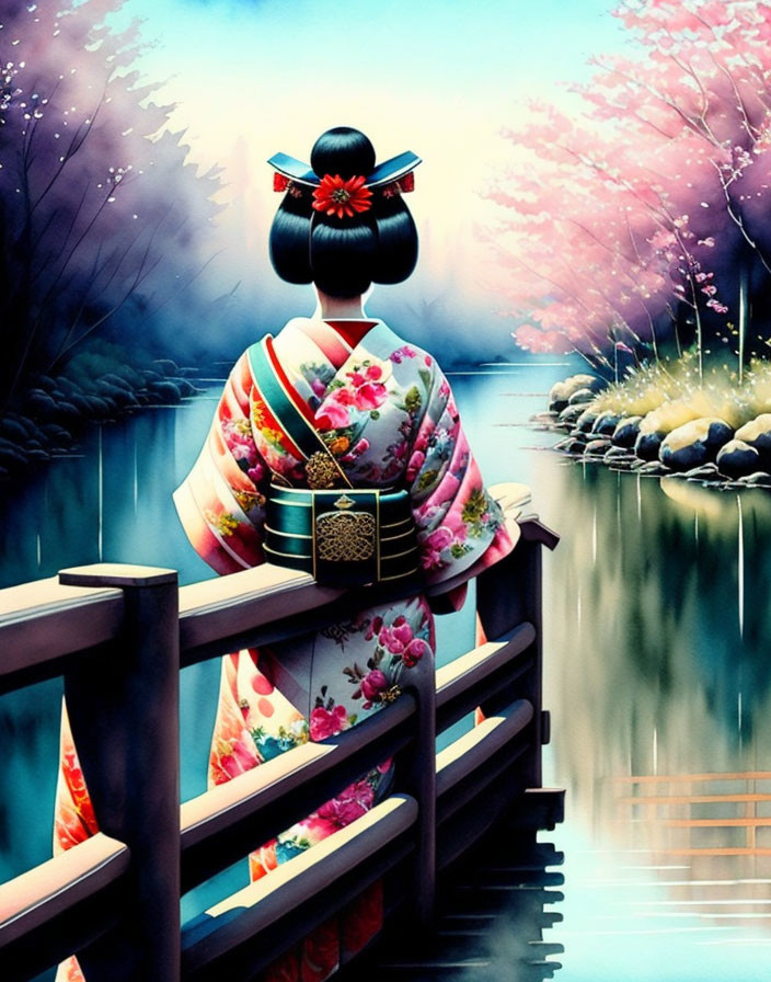 Woman in colorful kimono on bridge by serene river & cherry blossoms