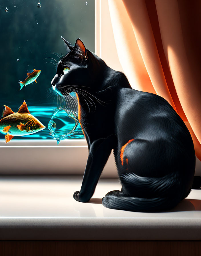 Black Cat with Yellow Eyes Watching Goldfish at Night