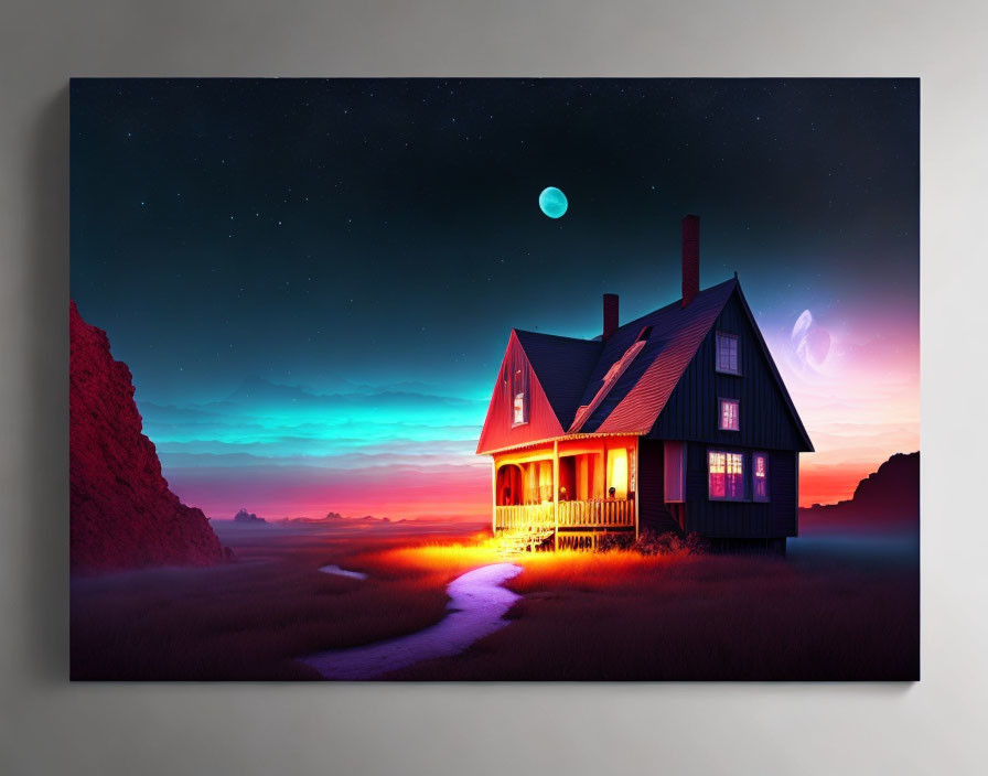 House under starry sky with sunset gradient, warm glow, path, and rocky cliffs