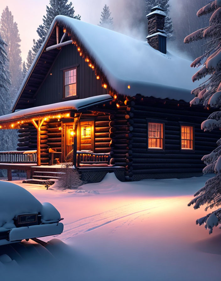 Snow-covered log cabin at twilight with glowing lights in winter landscape