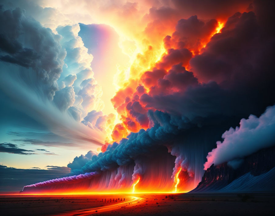 Fiery orange and cool blue clouds over vibrant landscape.