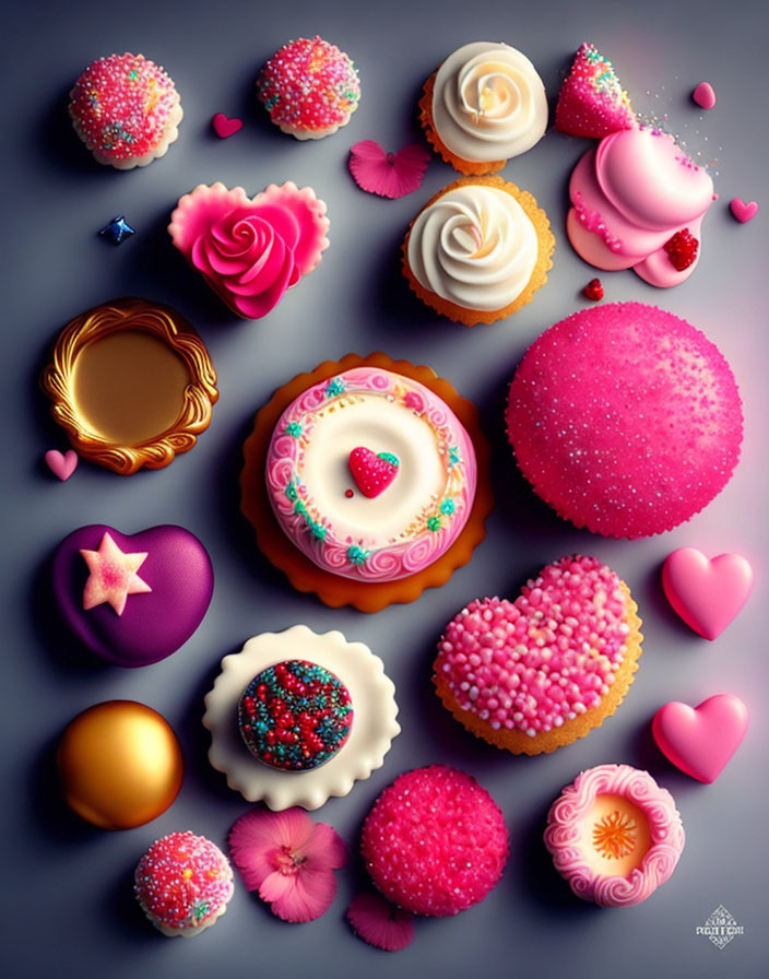 Assorted stylized desserts with hearts, flowers, and sprinkles