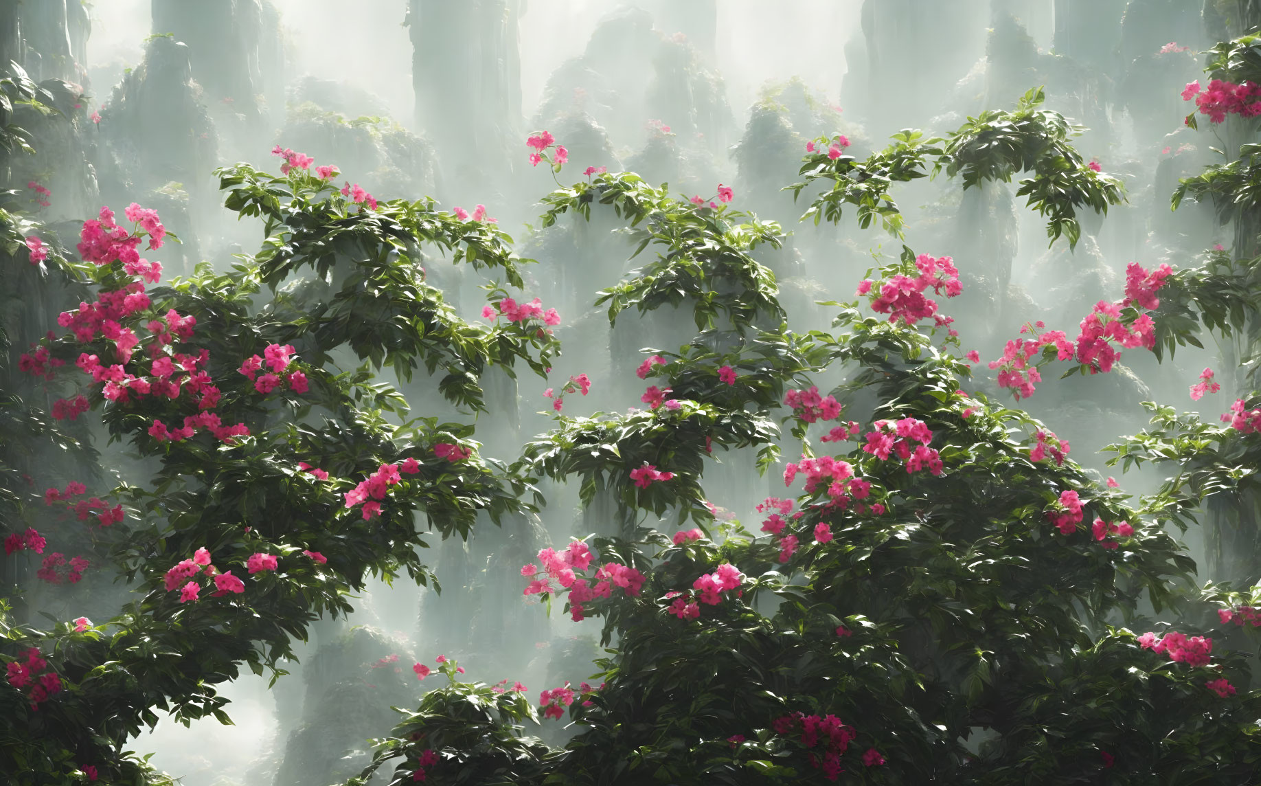 Vibrant pink flowers in lush greenery with foggy cliff faces