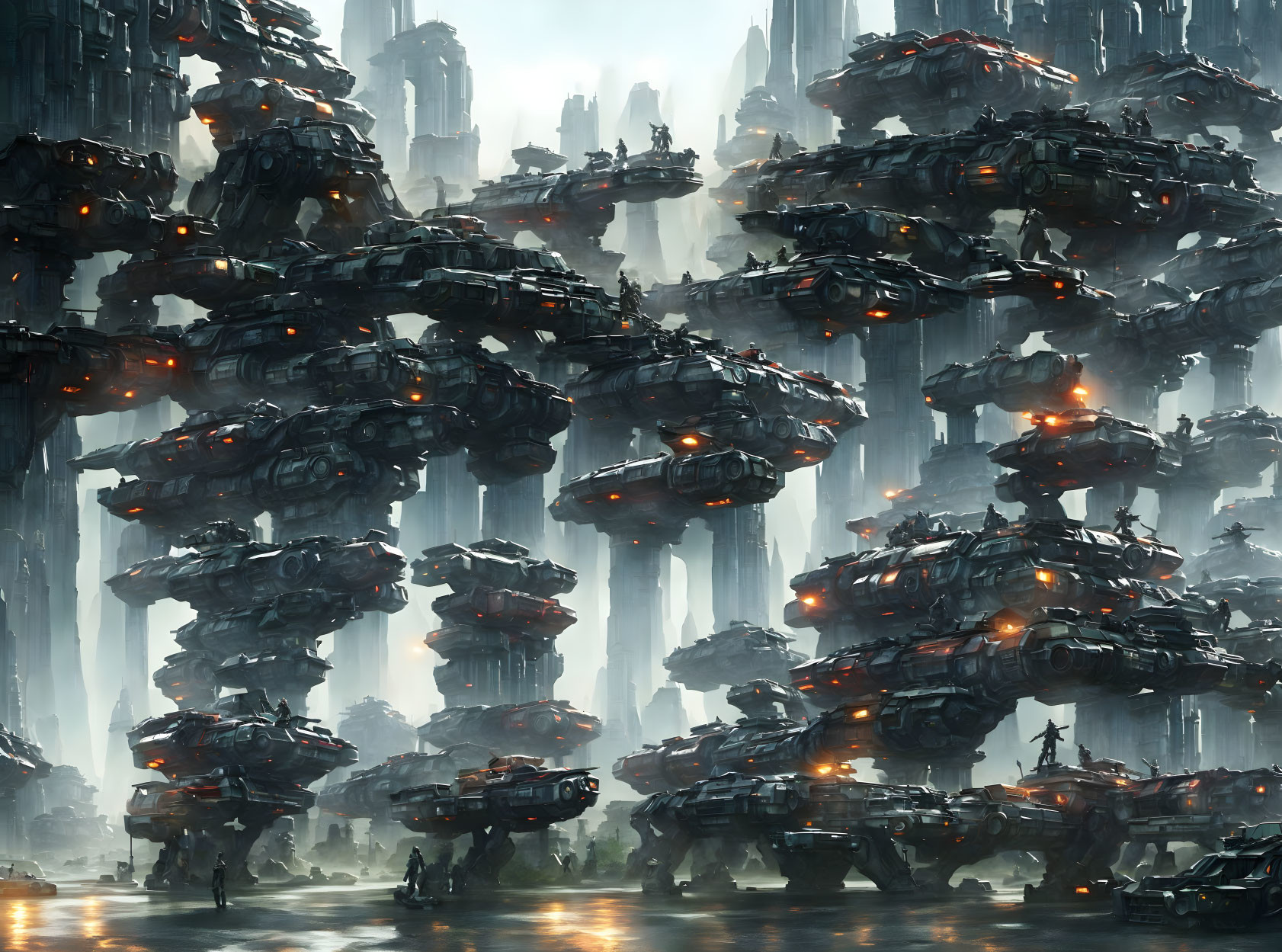 Futuristic cityscape with misty skyscrapers and hovering flying vehicles