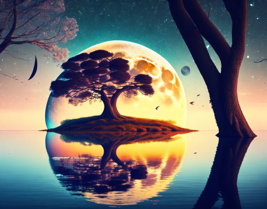 Surreal landscape with tree on island under moon and stars