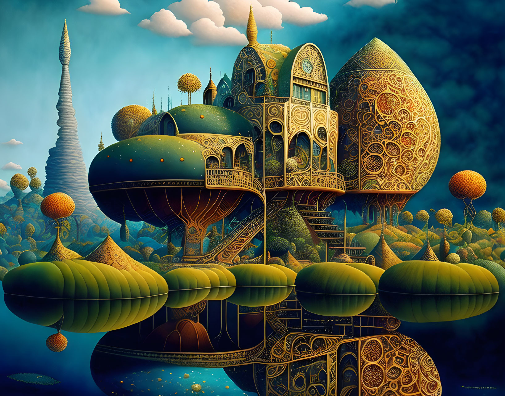 Fantastical landscape with gold-adorned floating architectures in serene sky