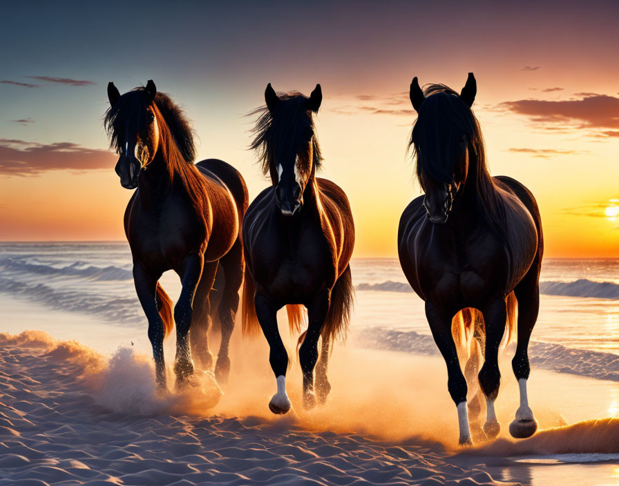 Three horses galloping on beach at sunset with vibrant sky