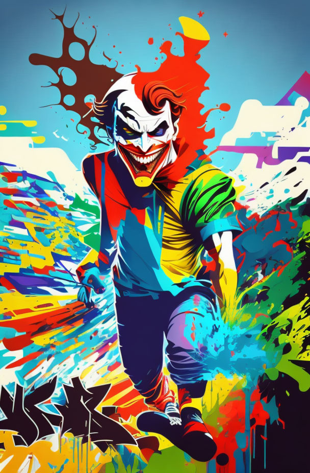 Colorful Joker illustration with exaggerated features and dynamic background
