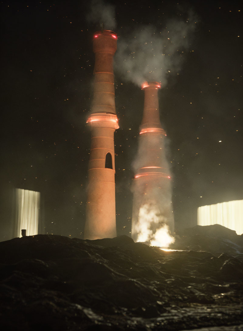 Industrial chimneys emitting smoke at night under ambient lighting and dark atmosphere.