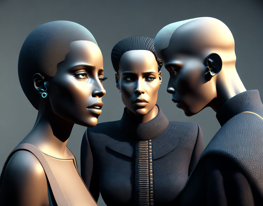 Three stylized digital human models in futuristic attire with short hair in dimly-lit scene