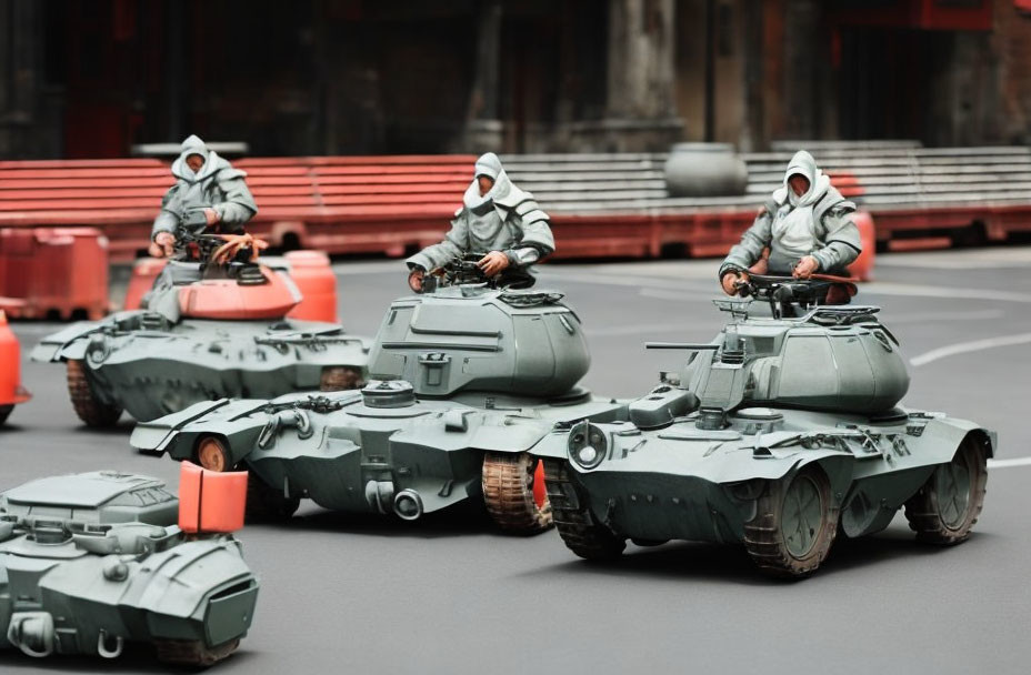 Three people in white hoods driving mini tank-like vehicles on flat surface with red barriers.