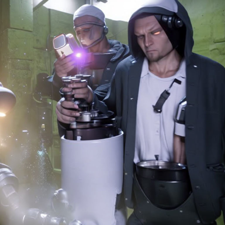 Two individuals in safety gear inspecting machinery in dimly lit room