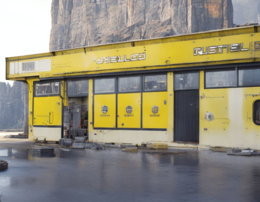 Yellow Industrial Building with Garage Doors and Gear Graphics Against Cliff Backdrop