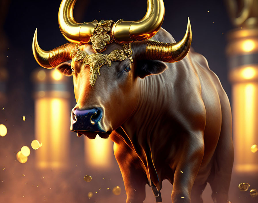 Golden-horned bull with ornate headpiece on dark, sparkling background