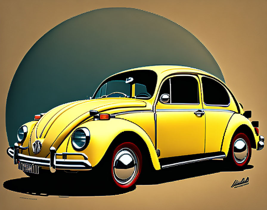 Vintage Yellow and Black Volkswagen Beetle Illustration on Brown and Teal Background