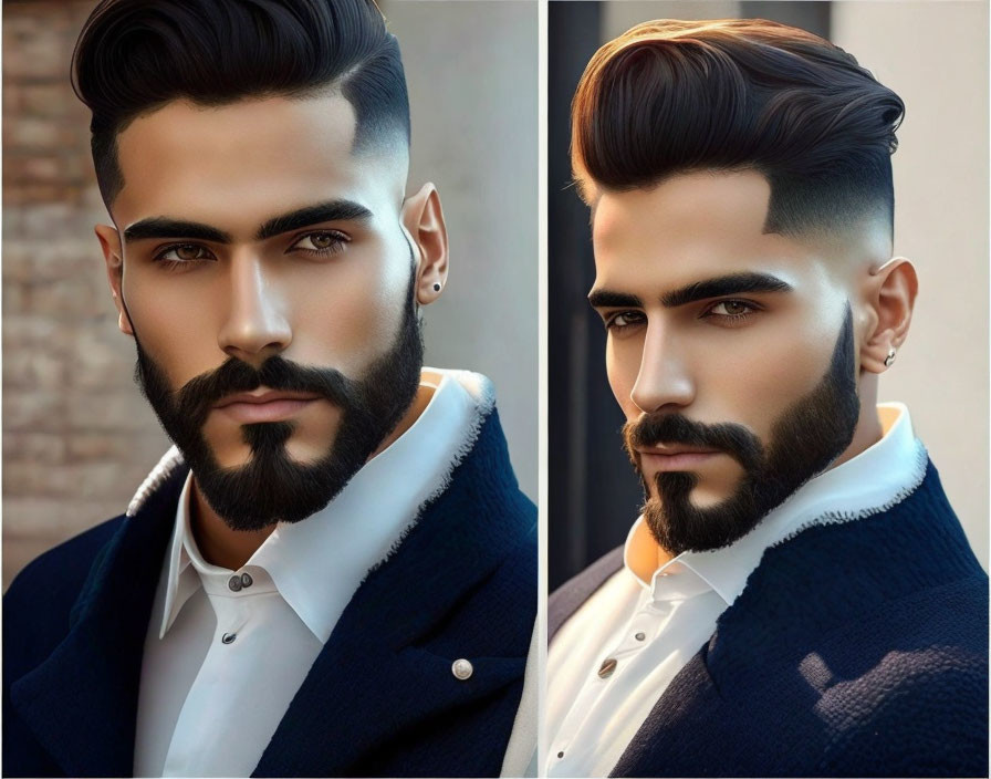 Dual portrait collage of a man with sculpted beard and slicked-back undercut hairstyle.