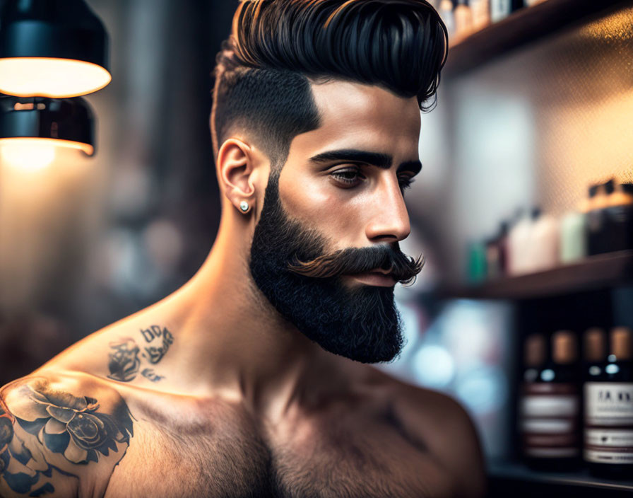 Stylish man with beard and tattoos in barber shop