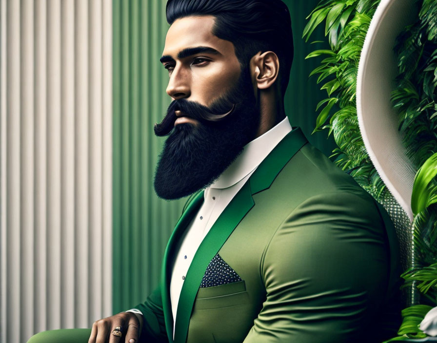 Man in Green Suit with Well-Groomed Beard Among Green Foliage