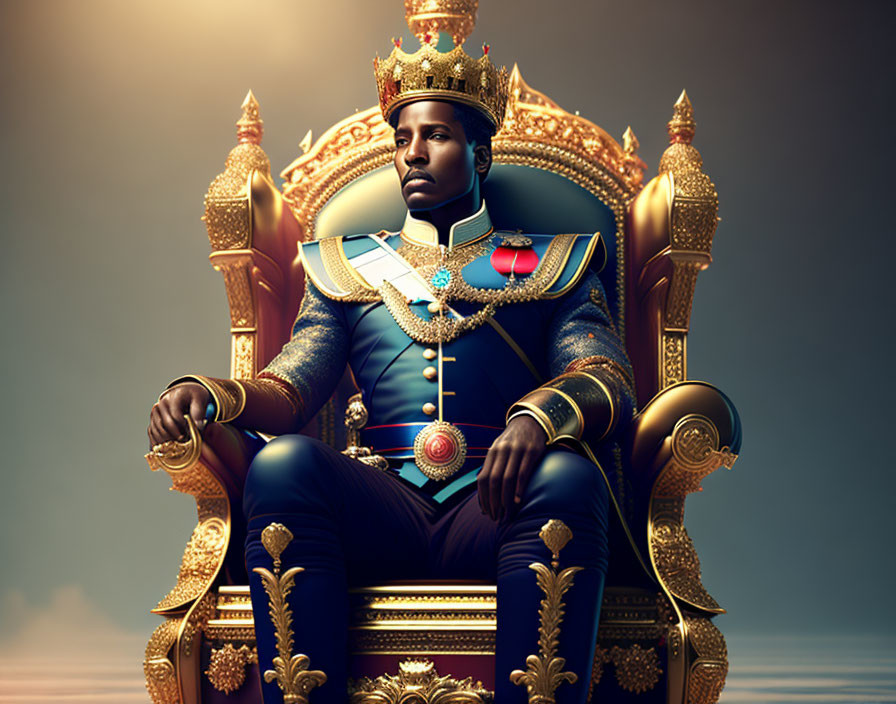 Regal figure in blue military uniform on majestic throne