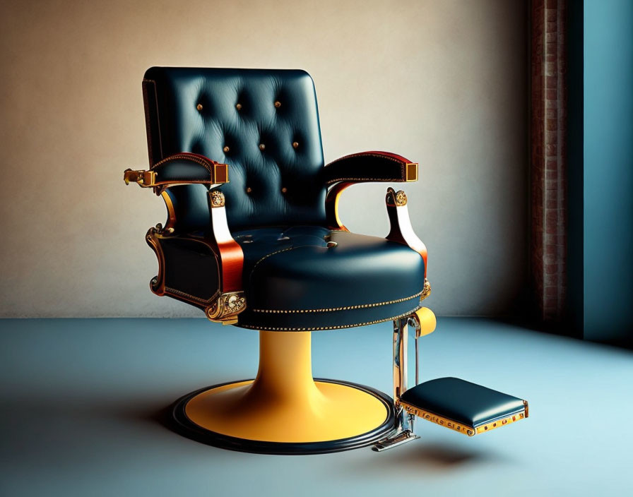 Vintage-style Barber Chair with Black Upholstery, Gold & Wood Accents, Footrest, Plain