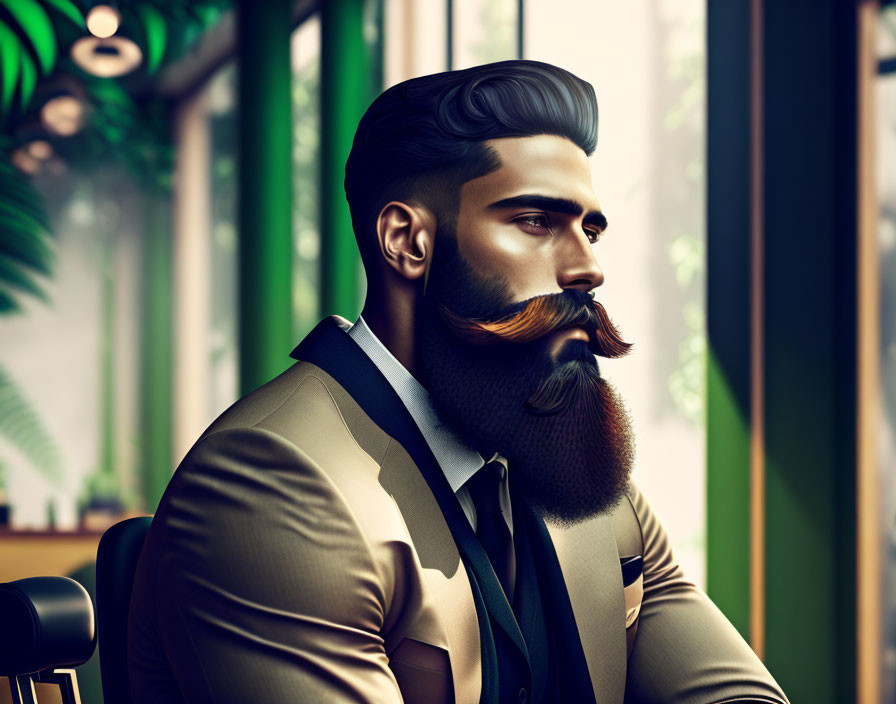 Bearded man in stylish suit sitting in interior space with greenery