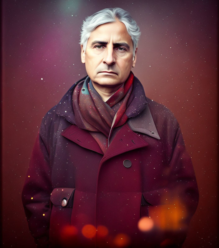Silver-haired older man in maroon coat against mystical starry backdrop