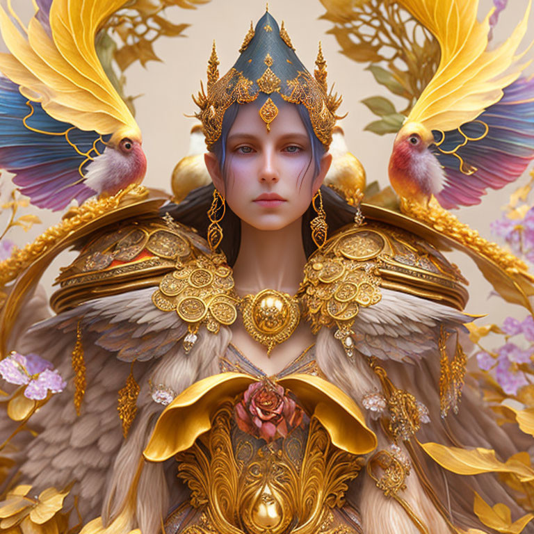 Regal fantasy portrait with golden armor, feathers, birds, and floral backdrop