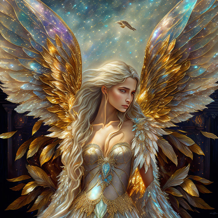 Digital artwork: Woman with golden wings and blonde hair in ornate corset against celestial backdrop