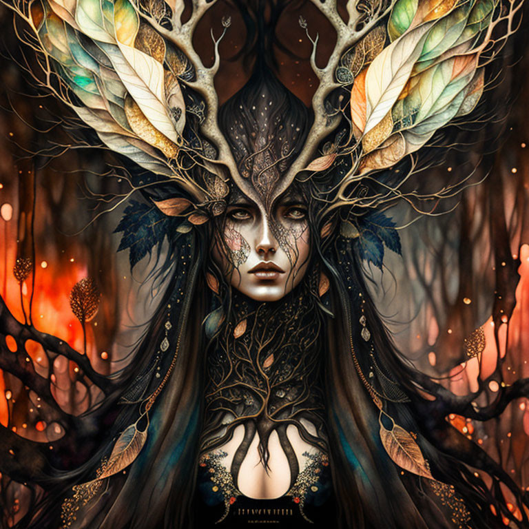 Ethereal feminine figure with autumn leaf-adorned antlers in mystical forest setting