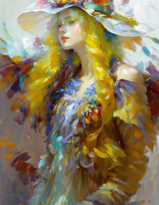 Portrait of Woman with Golden Hair in Hat and Cloak, Blue, Yellow, Orange Palette