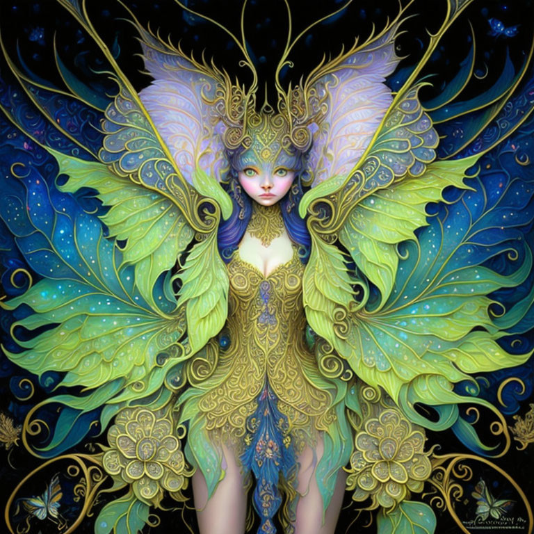 Fantastical female figure with butterfly-like wings in golden attire on starry blue background